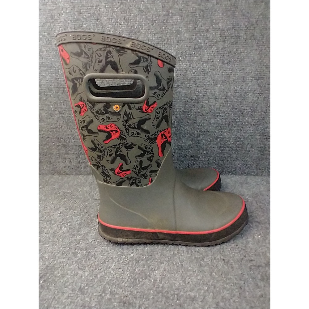 Bogs Rain Boots Kids Size 4 Grey Red Dinosaur Waterproof Pull On 72803-020